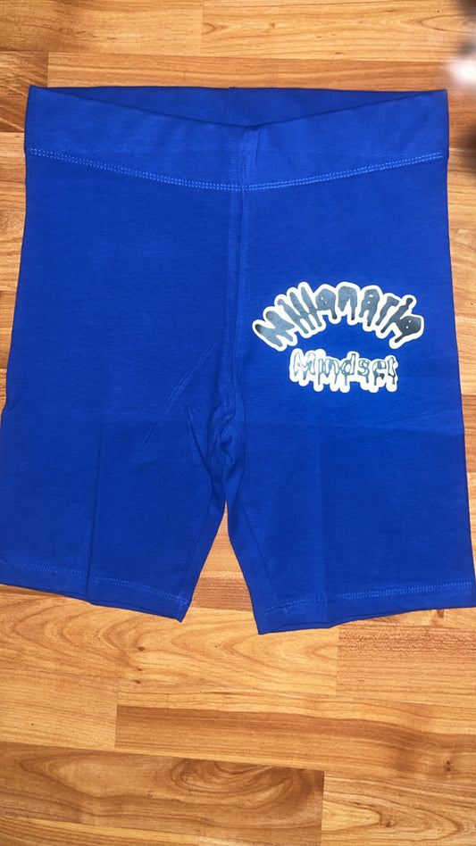 Blue Ladies Biker Shorts W/White Back W/ Black Words