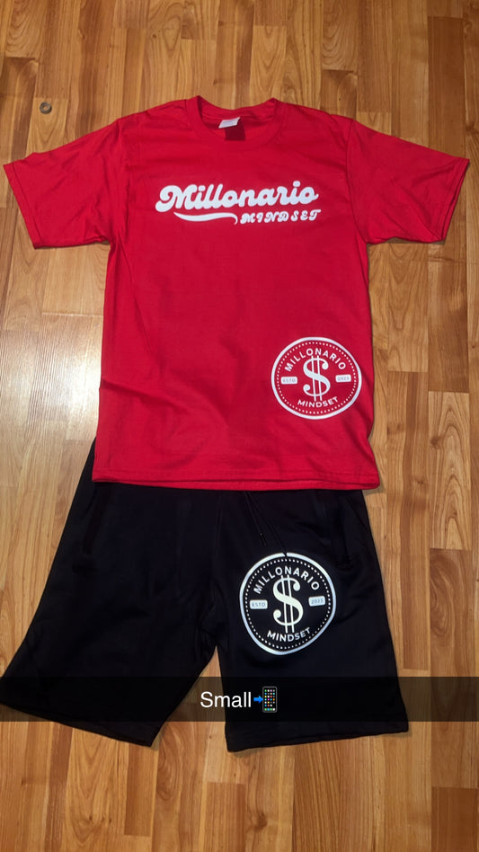 Red Shirt and Black Shorts Set With Circle and Baseball Letters